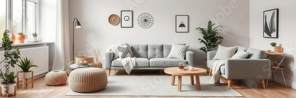 Fototapeta Grey and mint lamps above pouf and corner sofa with pillows in blue interior with posters on the wall, relaxation area, comfort