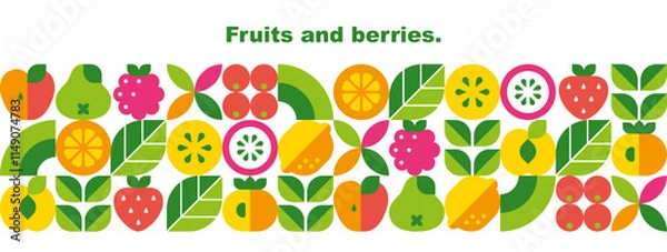 Obraz Fruits, berries, leaves and slices.Abstract geometric background. Banner template. Set of vector icons in simple flat style. Seamless border. Isolated elements. 