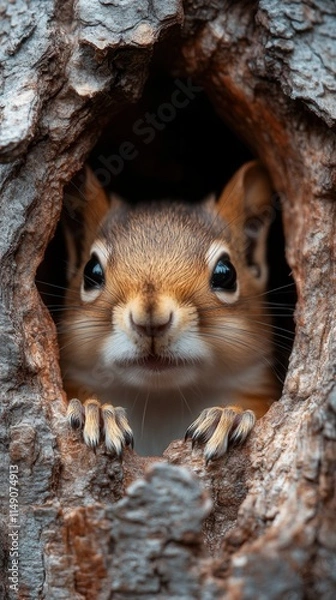 Fototapeta A close-up of a curious squirrel peering out from a tree hole, showcasing its expressive features and natural habitat.