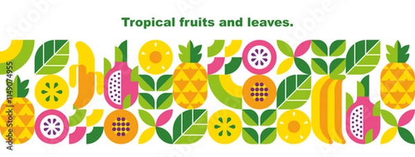 Fototapeta Tropical fruits, leaves and slices.Abstract geometric background. Banner template. Set of vector icons in simple flat style. Seamless border. Isolated elements. 