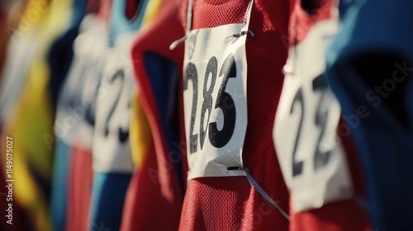 Fototapeta Close-up of race bibs on colorful running vests.
