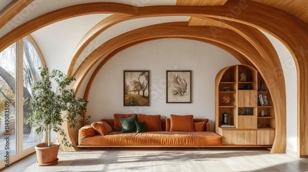 Fototapeta Modern living room with curved wooden ceiling and built-in sofa.