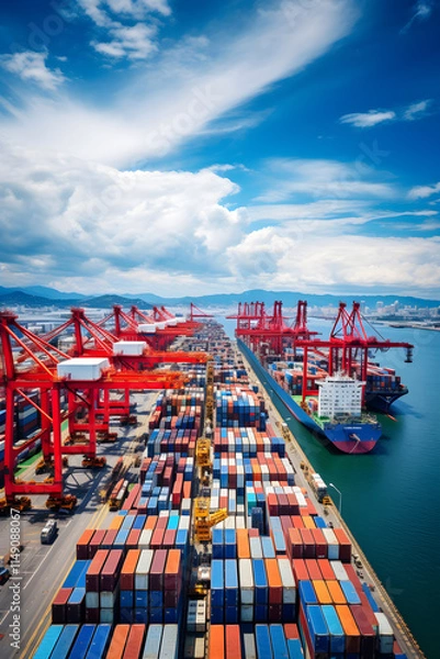 Fototapeta The Vibrant Hub of Global Trade: A Busy Cargo Port Packed with Stacked Shipping Containers Ready for Dispatch