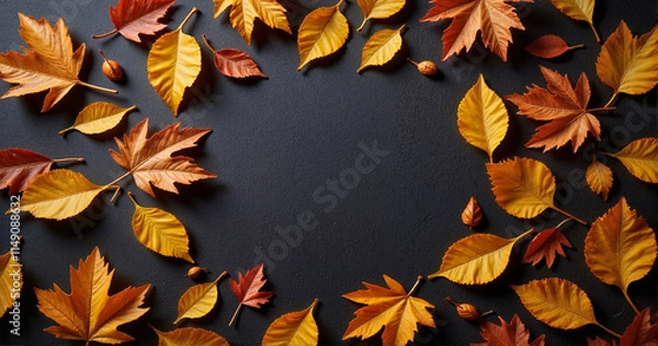 Fototapeta Autumn leaves in various colors arranged in a frame shape on a dark background [with spaces]
