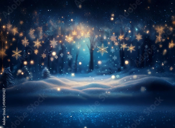 Fototapeta Magical winter scene: snow-covered forest bathed in soft blue light, adorned with glowing snowflakes and sparkling snow.  A serene, enchanting winter wonderland.