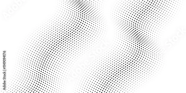 Fototapeta Flowing dots particles wave pattern halftone gradient curve shape isolated on white background. Vector in concept of technology, science, music