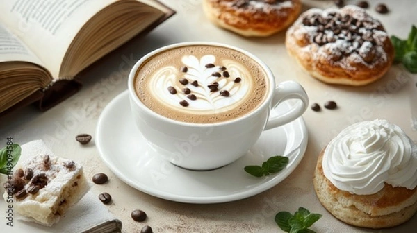 Fototapeta Latte art coffee with pastries and book.
