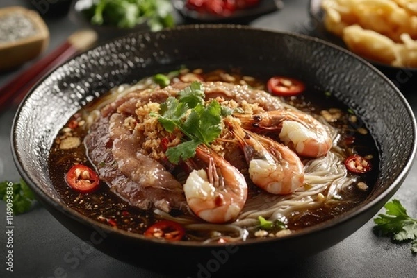 Fototapeta A Bowl of Dark Soy Sauce Noodle Dish with Fried Pork, Prawns, and Garnish in Vibrant Lighting Against a Classic Kopitiam Background