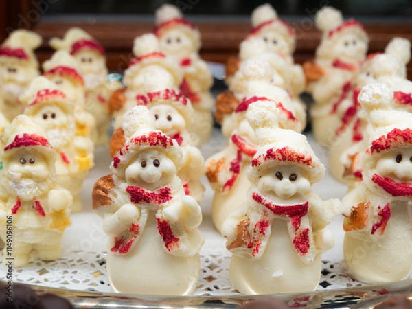 Fototapeta Delightful edible Christmas figurines made of white and red candy, featuring black eyes. These handmade sweets from Florence, Italy, add a sweet touch to your holiday decorations and treats.