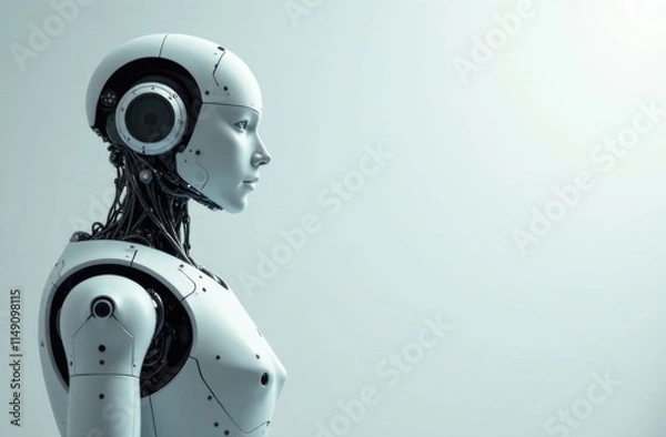 Obraz the robot is facing forward and raised his hand up, smiling , household assistants, artificial intelligence, helping a person, light background, free space on the side for text