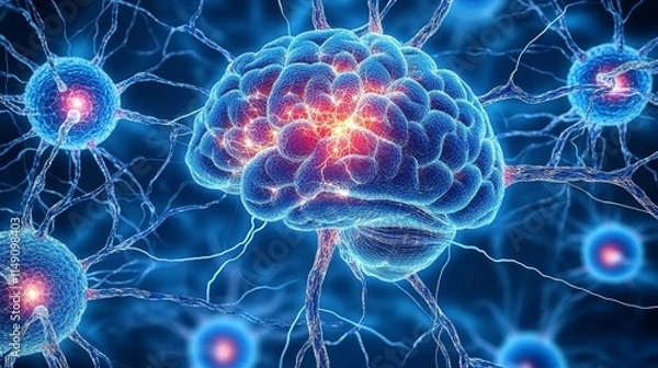 Fototapeta A complex neural web abstract, featuring glowing neuron pathways and electric bursts symbolizing the transfer of information in the brain.