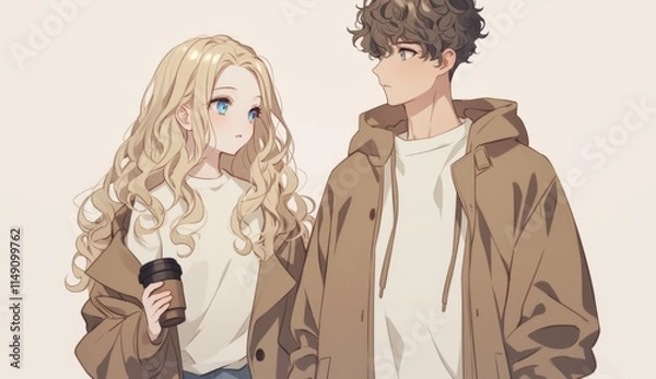 Obraz A cute anime couple walking together, the girl with blonde hair and blue eyes holding a coffee cup, and the boy with curly light-brown hair in a grey hoodie, in a cozy outdoor setting.