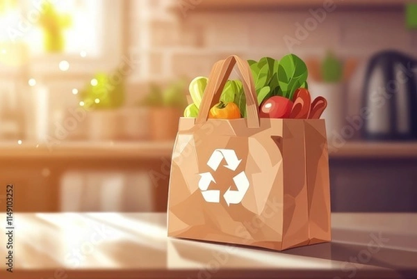 Obraz Bright and Colorful Cartoon Style Illustration of a Recyclable Grocery Bag with Fresh Vegetables, Set in a Lively Kitchen Environment with Beautiful Lighting