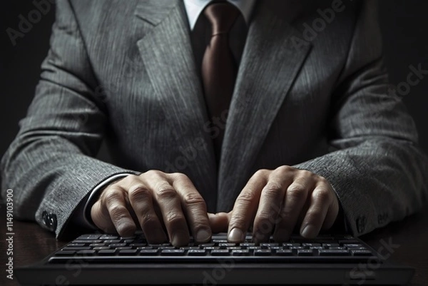 Fototapeta Businessman Typing on Keyboard. Concept of work, productivity, and technology.