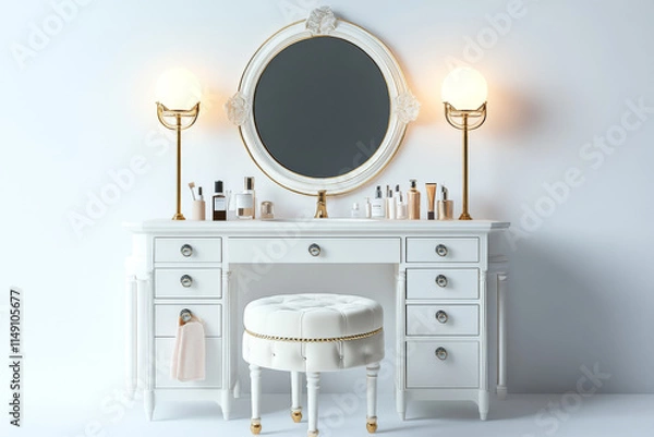 Fototapeta Luxury Vanity Set, White Furniture, Classic Interior, Beauty Products, Feminine Style