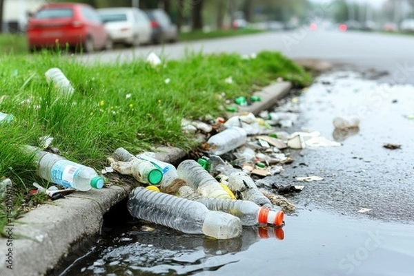 Obraz Close-Up View of Bottles and Garbage Clogging a Storm Drain in an Urban Setting with Overcast Lighting on a Quiet Street