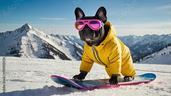 Fototapeta A funny dog in a ski suit and goggles rides a snowboard down the mountain, showing style and speed!