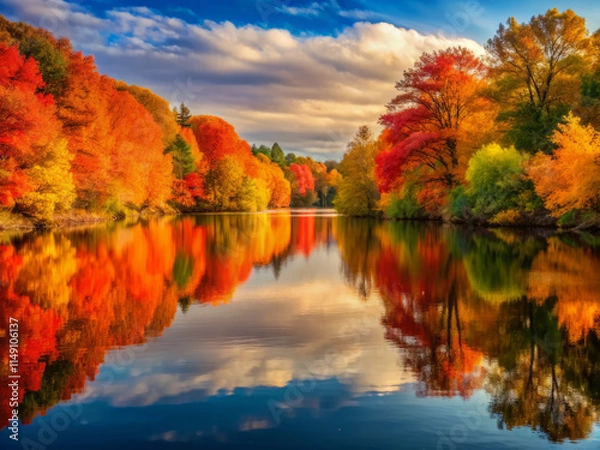 Fototapeta serene autumn landscape featuring vibrant orange, red, and yellow trees reflecting on calm river under blue sky with fluffy clouds. scene evokes tranquility and natural beauty
