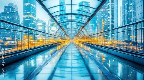 Fototapeta A stunning reflection of city lights on the glass facade of an office building at dusk, symbolizing the dynamic and thriving nature of the business world as day transitions to night.