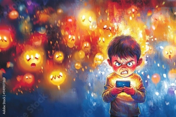 Obraz Distressed Child Holding a Phone Surrounded by Harsh Comments and Emojis in a Vibrant Cartoon Style Illustration Highlighting Online Emotions and Reactions