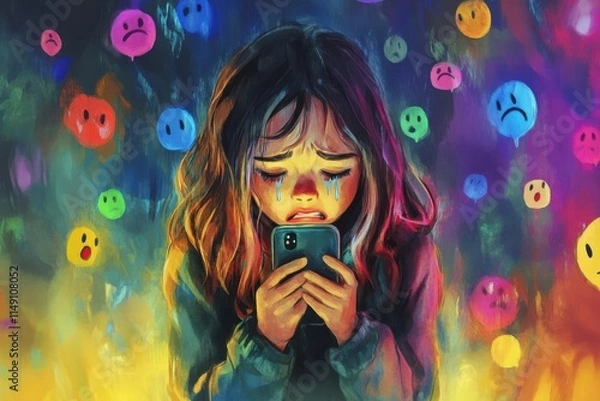 Obraz Emotional Illustration of a Child Holding a Phone While Crying Surrounded by Colorful Emojis Representing Harsh Comments in a Cartoon Style