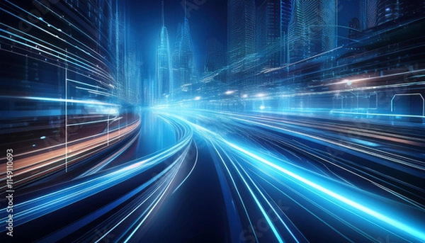 Fototapeta 3D Rendering of warp speed in hyper loop with blur light from buildings' lights in mega city at night. Concept of next generation technology, fin tech, big data, 5g fast network, machine learning