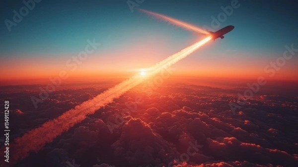 Fototapeta A jet aircraft flying through colorful clouds at sunset, leaving a trail of vapor.