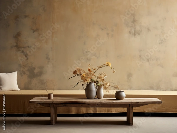 Fototapeta Neutral japandi and wabi sabi style living room with grey stucco walls and rustic wood coffee table