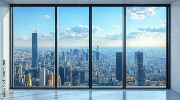Fototapeta A large window in a modern white office, offering an uninterrupted view of a megalopolis, filled with tall buildings and the hustle and bustle of city life.