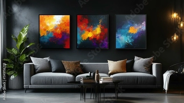 Fototapeta Living room with 3 three accent canvas square painting picture. Frames for art on a black wall. Gallery in dark colors with a gray sofa or couch.