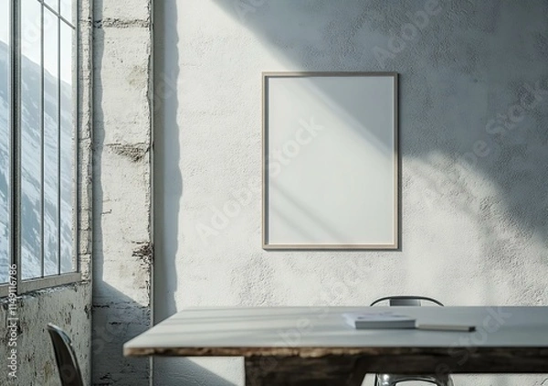 Fototapeta Poster Mockup in a industrial interior. table and a framed poster on a white wall.