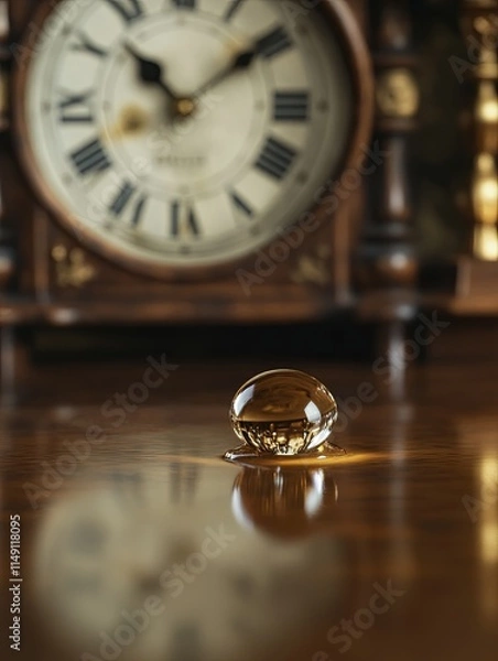 Fototapeta A water drop on a table with vintage clock home interior still life cozy atmosphere close-up time reflection