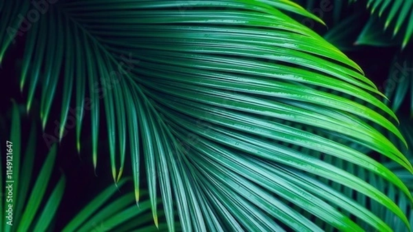 Fototapeta Close up of a vibrant tropical palm leaf texture, background, plant