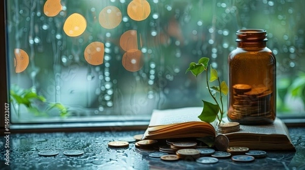 Obraz Rainy Day Savings: Coins in a Jar, Plant Sprouting on an Open Book