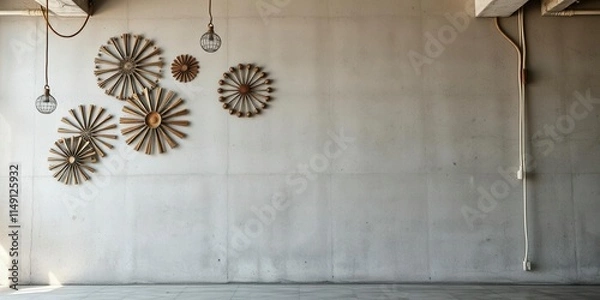 Fototapeta Panoramic view of rough concrete wall with modern industrial design elements, decoration, design, interior