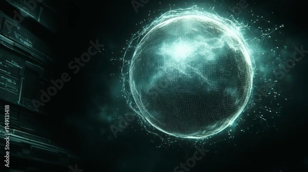 Obraz Abstract glowing 3D neon sphere made from flowing digital particles, illuminated by ultraviolet dust, representing artificial intelligence, big data analysis, and neural networks against a black