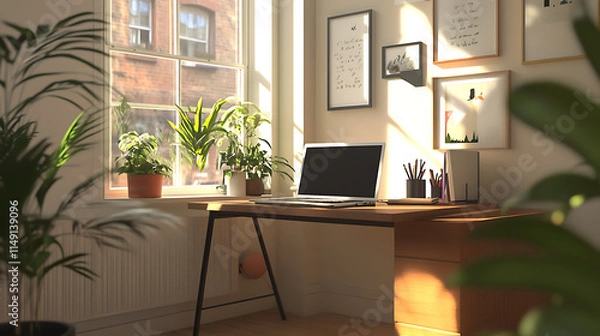 Fototapeta A home office desk setup with a laptop, potted plants, and natural light streaming in through a nearby window, creating a calm work environment 