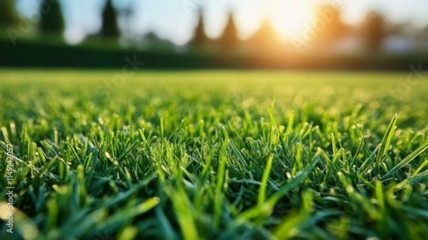 Obraz The soft glow of morning sunlight over the green grass field at Vachirabenjatas Park, Bangkok, highlighting the lush greenery and peaceful environment of the park.