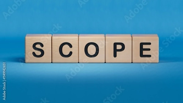 Fototapeta wooden cube block with SCOPE business word.close up of wooden elements,Business Concept.3D rendering on blue background.
