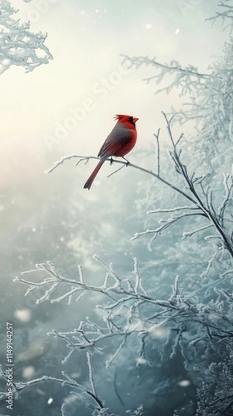 Obraz Red Cardinal on Frosted Branch