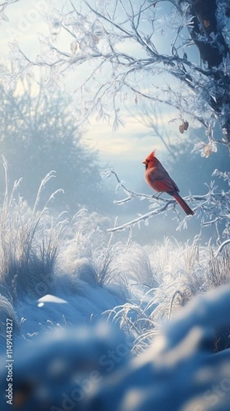 Obraz Red Cardinal on Frosted Branch
