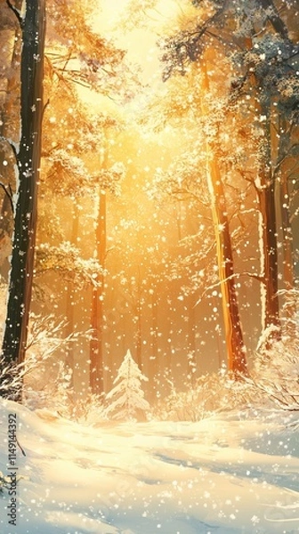 Obraz Golden Sunlight in Snowy Forest