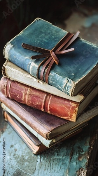 Fototapeta Stack of Vintage Books in Warm Light