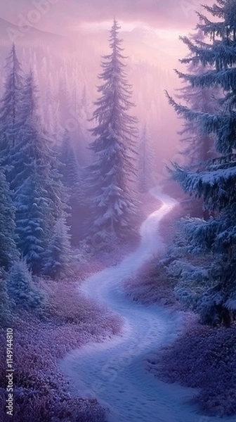 Fototapeta Twilight Trail Through Snow-Dusted Forest