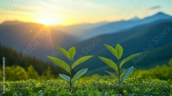Obraz Natural background with warm colors and bright sunlight, featuring soft bokeh and orange light patterns, creating a serene atmosphere for green energy and sustainability themes.