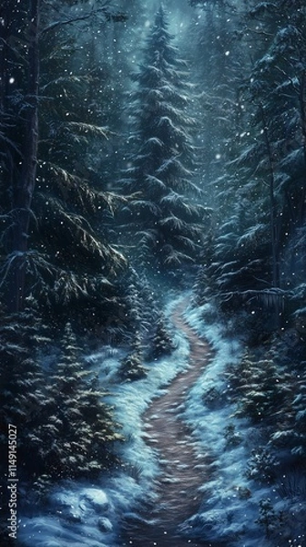 Fototapeta Twilight Trail Through Snow-Dusted Forest