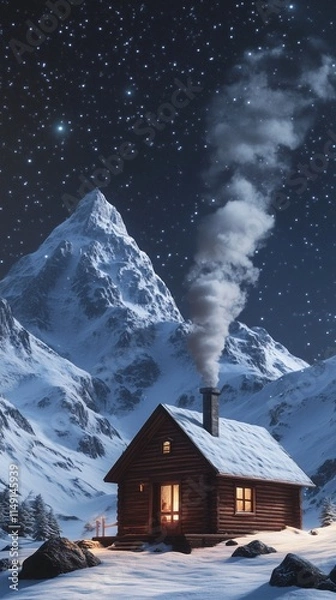 Obraz Snowy Cabin Under Starry Sky