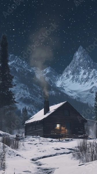 Obraz Snowy Cabin Under Starry Sky