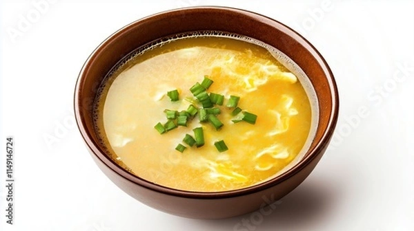 Fototapeta Delicious egg drop soup in brown bowl garnished with fresh green onions. Hearty, comforting soup perfect for warm meal. Simple, easy recipe features rich broth with soft egg ribbons. Enjoy