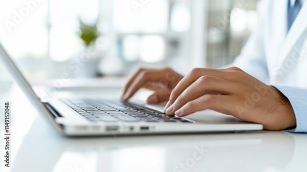 Obraz Close-up view of a man's hand typing on a keyboard, capturing the moment of intense focus and productivity during work or personal tasks.